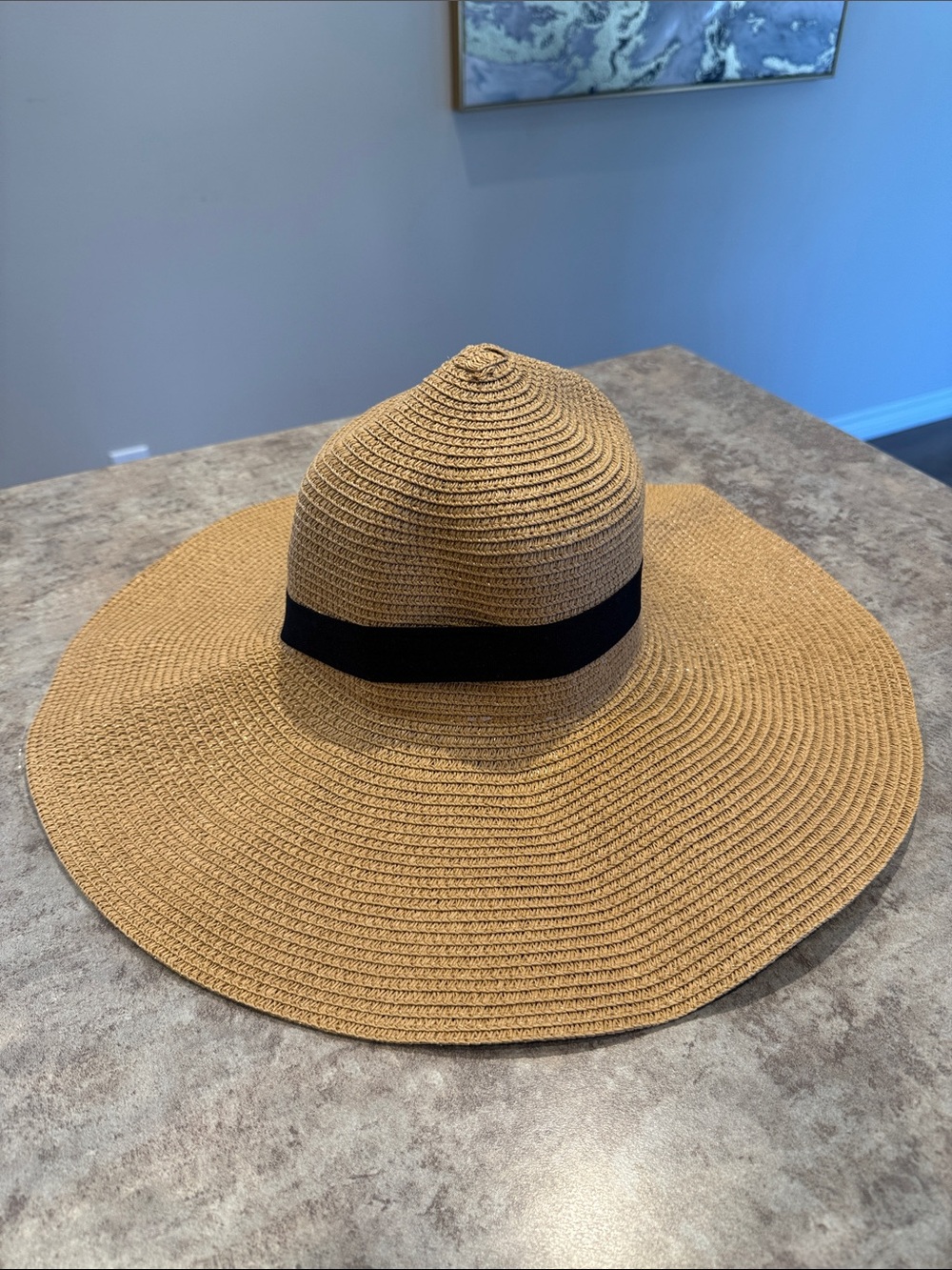 Tan Straw Floppy Sun Hat with Black Band - Women